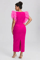 Curveins Plus Size Ruffle Sleeve Color Block Bodycon Midi Dress Elegant Fit