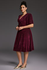 Curveins Plus Size V-Neck Short Sleeve Waist-Tie Velvet Midi Dress