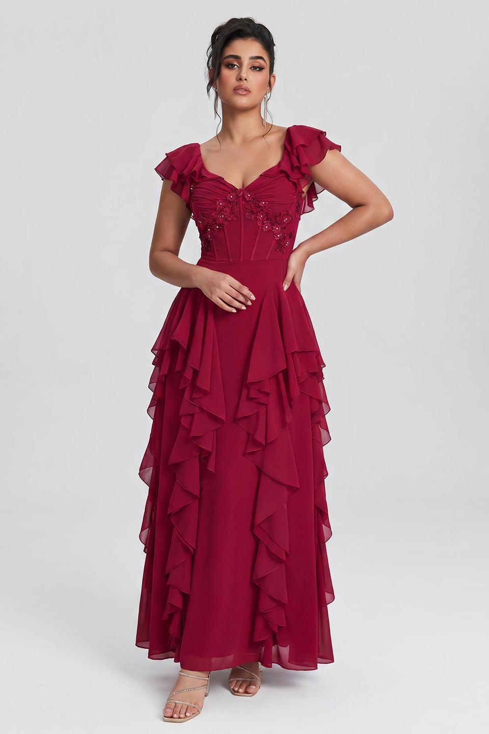 Curveins Plus Size V Neck Short Sleeve Pleated Waist Flowy Tiered Maxi Dress