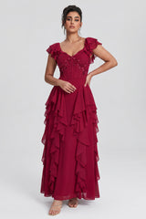 Curveins Plus Size V Neck Short Sleeve Pleated Waist Flowy Tiered Maxi Dress