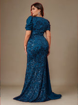 Curveins Plus Size V-Neck Sequin Patchwork Pattern Maxi Dress