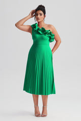 Curveins Plus Size Slimming Asymmetric One-Shoulder Ruffle Trim Pleated Dress