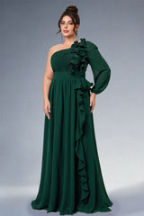 Curveins Plus Size Asymmetric One-Shoulder Ruffled Long Dress