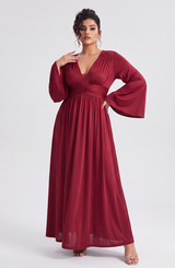 Curveins Plus Size Solid Color Long Sleeve V Neck Ruched Waist Elegant Maxi Dress
