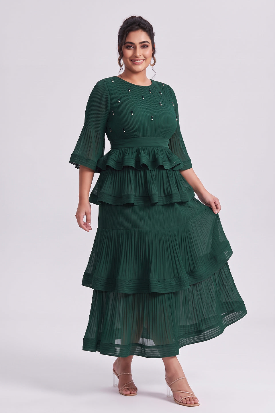 Curveins Plus Size Crew Neck Long Sleeve Ruffle Tiered Skirt Set