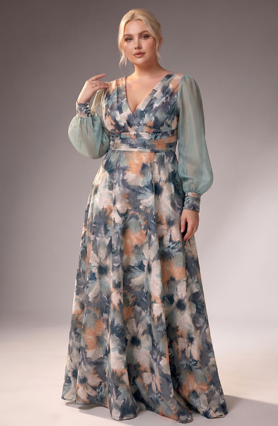 Curveins Plus Size Floral V Neck Long Sleeve Waist Ruched Flowing Maxi Dress