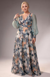 Curveins Plus Size Floral V Neck Long Sleeve Waist Ruched Flowing Maxi Dress