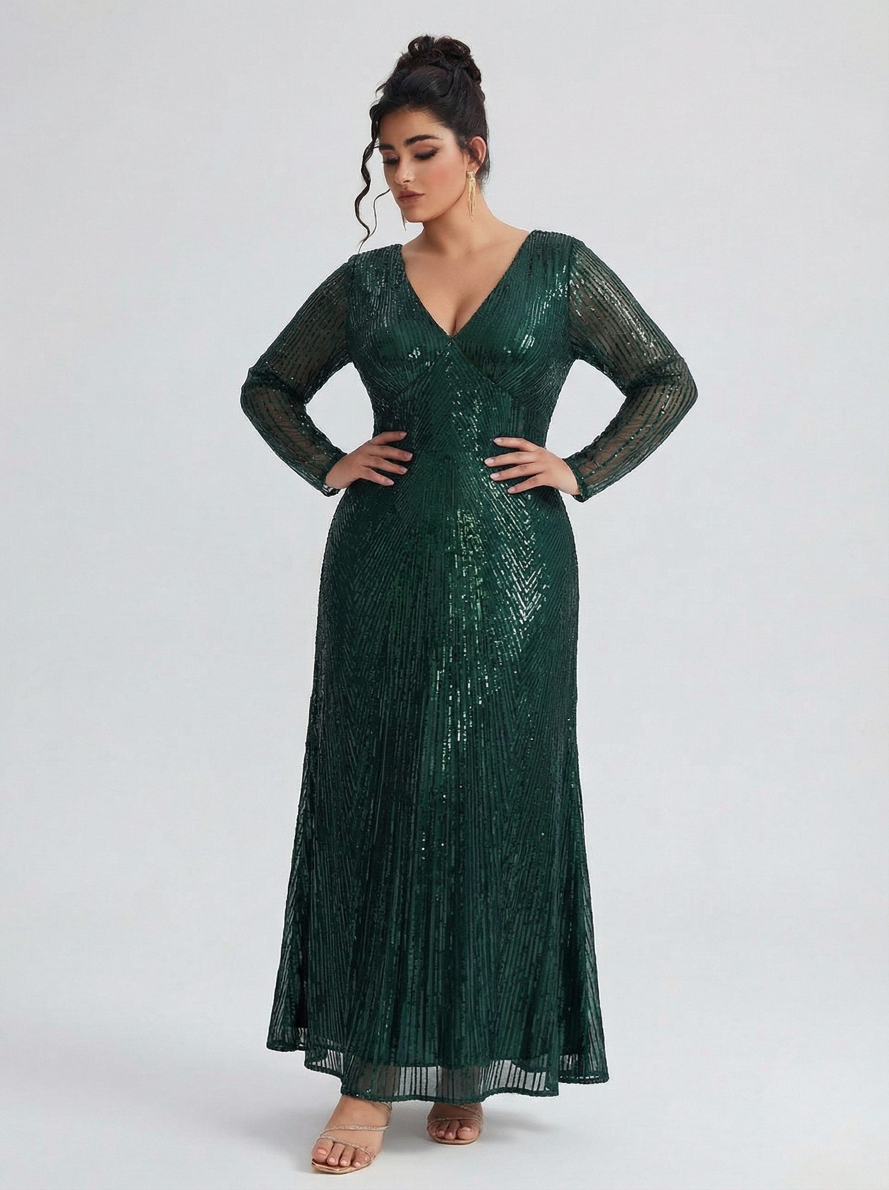 Curveins Plus Size V Neck Long Sleeve Sequin Maxi Dress