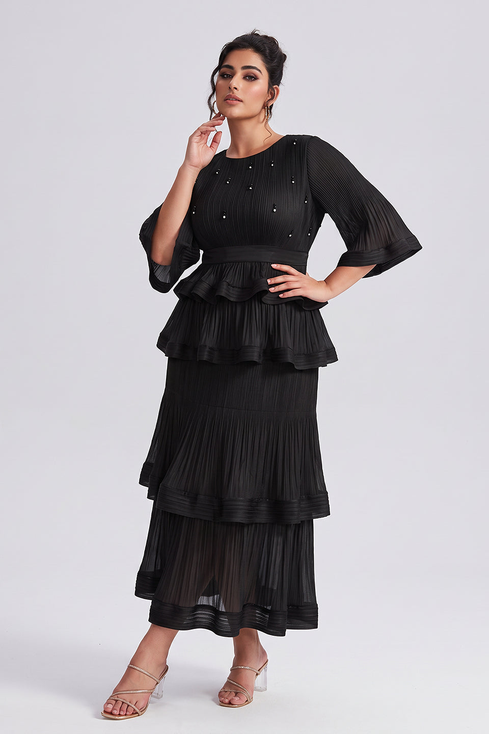 Curveins Plus Size Crew Neck Long Sleeve Ruffle Tiered Skirt Set