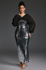 Curveins Plus Size V-Neck Puff Sleeve Patchwork Sequin Bodycon Maxi Dress