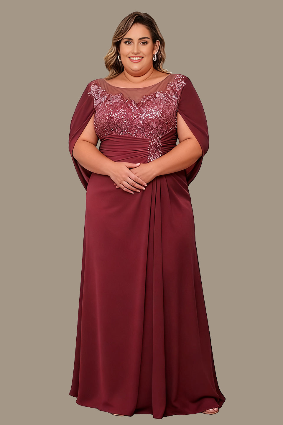 Curveins Elegant Plus Size Sheer Neck Floral Appliqué Cape Maxi Dress