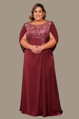 Curveins Elegant Plus Size Sheer Neck Floral Appliqué Cape Maxi Dress