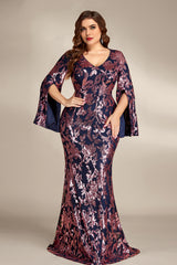 Curveins Plus Size Elegant V-Neck Sequin Bodycon Dress with Slit Sleeves