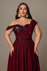Curveins Plus Size Asymmetric One-Shoulder Sequin Side-Slit Maxi Dress