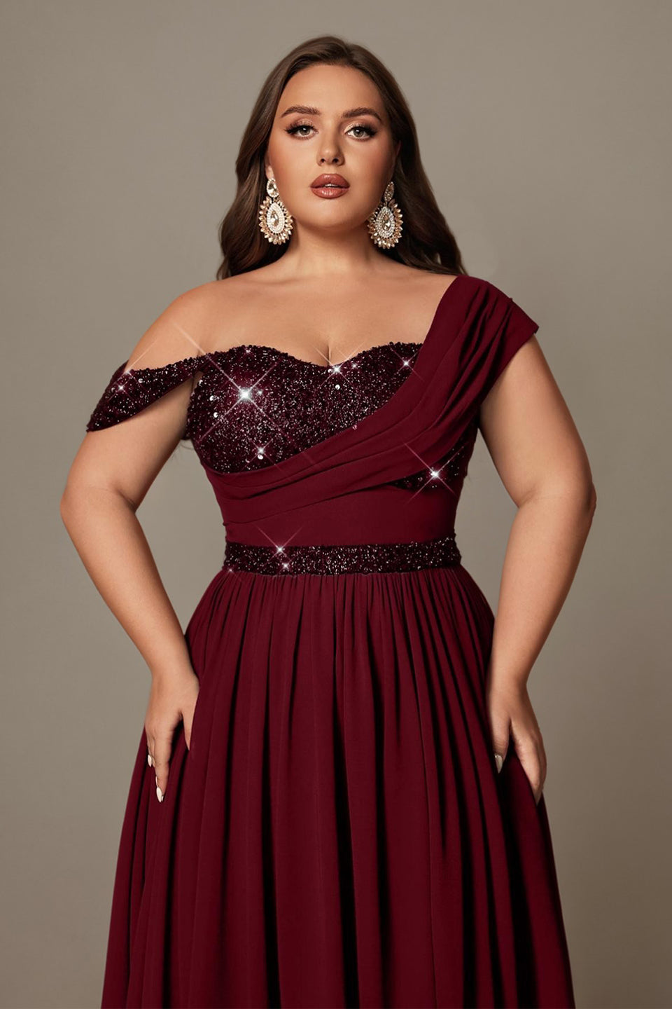 Curveins Plus Size Asymmetric One-Shoulder Sequin Side-Slit Maxi Dress
