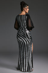 Curveins Plus Size V-Neck Sheer Sleeve Striped Sequin Bodycon Maxi Dress With Slit