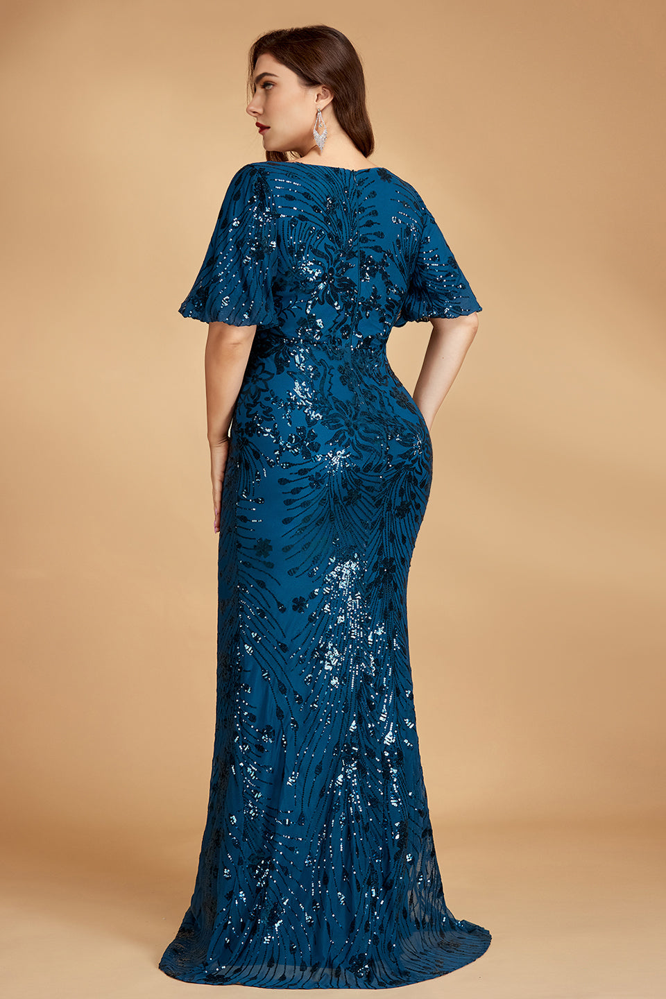 Curveins Plus Size V-Neck Batwing Sleeve Floral Sequin Bodycon Maxi Dress