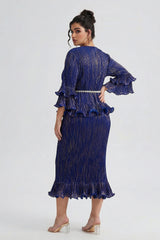 Curveins Plus Size Round Neck Long Sleeve Waist-Cinching Set Midi Dress