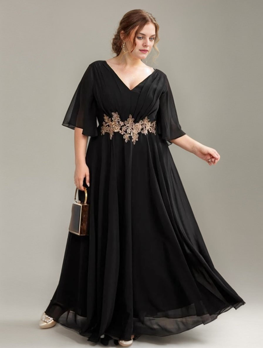 Curveins Plus Size V-Neck Embroidered Belted Maxi Dress