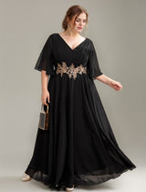 Curveins Plus Size V-Neck Embroidered Belted Maxi Dress