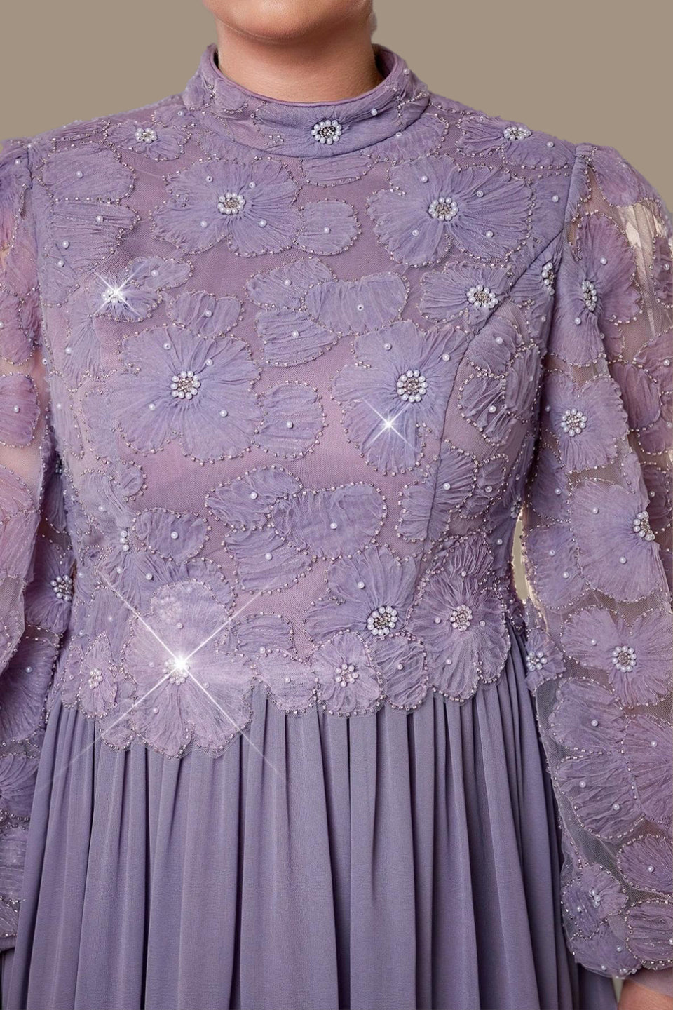 Curveins Plus Size High Neck Lantern Sleeve Embroidered Panel Maxi Dress