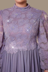 Curveins Plus Size High Neck Lantern Sleeve Embroidered Panel Maxi Dress