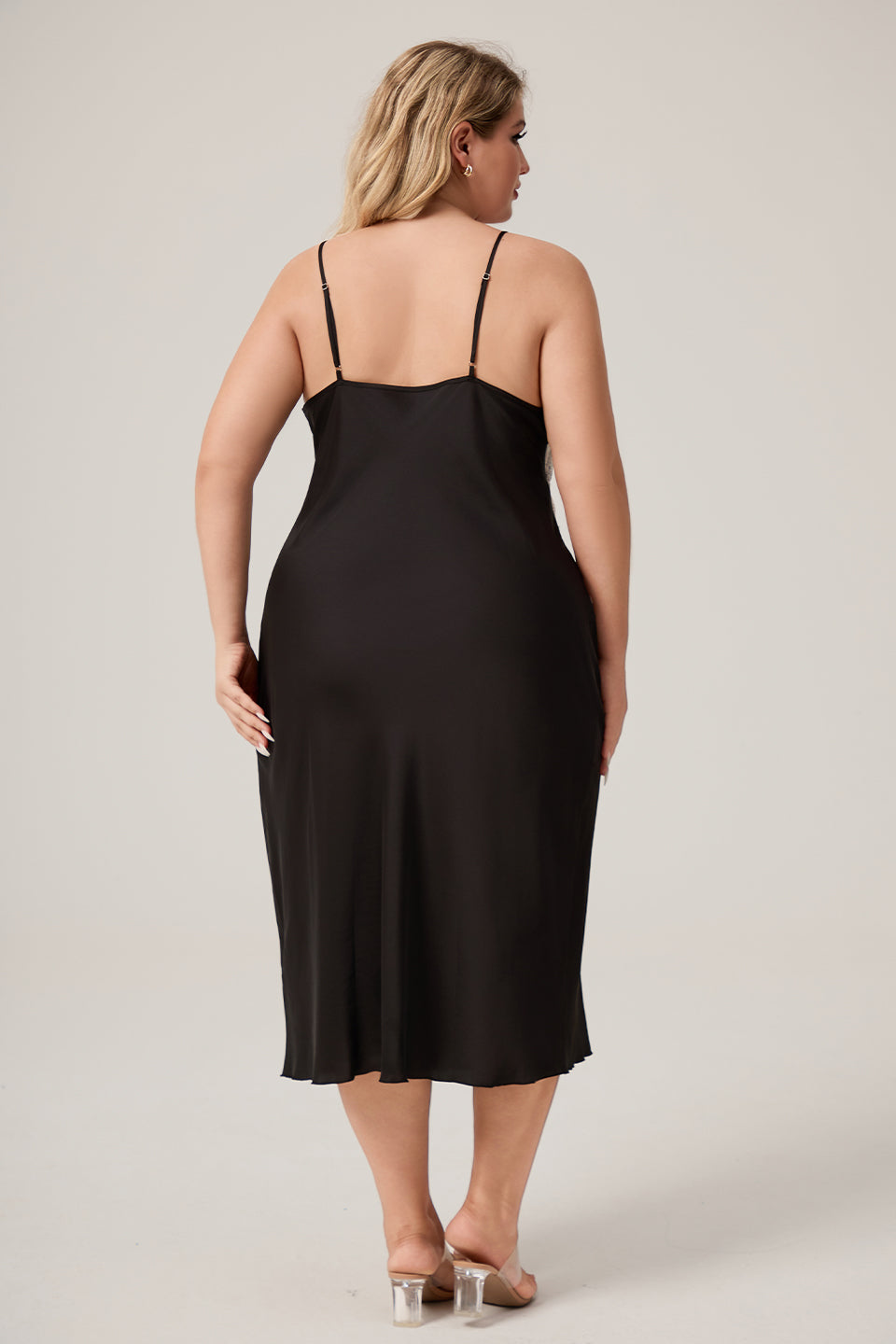 Curveins Plus Size Elegant Satin Lace Trim Slip Dress Sleepwear Long Gown