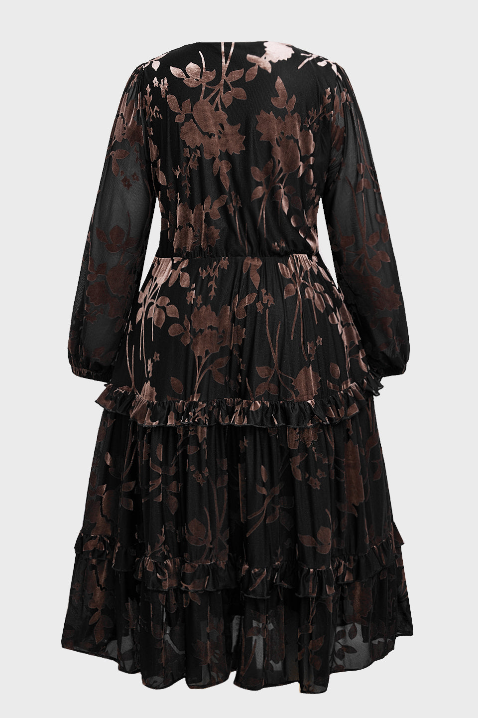 Curveins Plus Size Velvet V-Neck Lantern Sleeve Tiered Maxi Dress