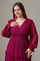 Curveins Elegant Plus Size V-Neck Lantern Sleeve Tiered Maxi Dress