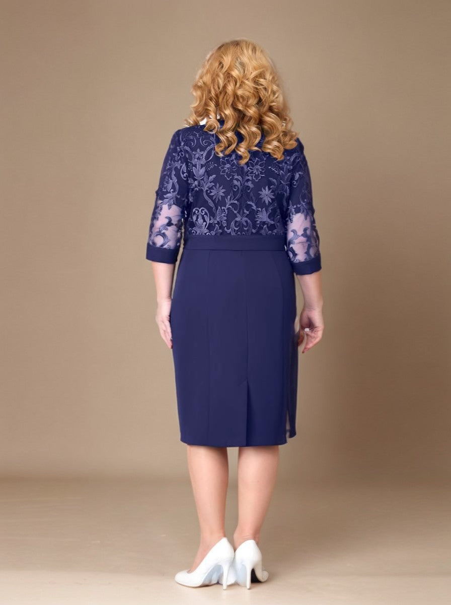 Curveins Plus Size Round Neck Two Piece Embroidered Bodycon Midi Dress