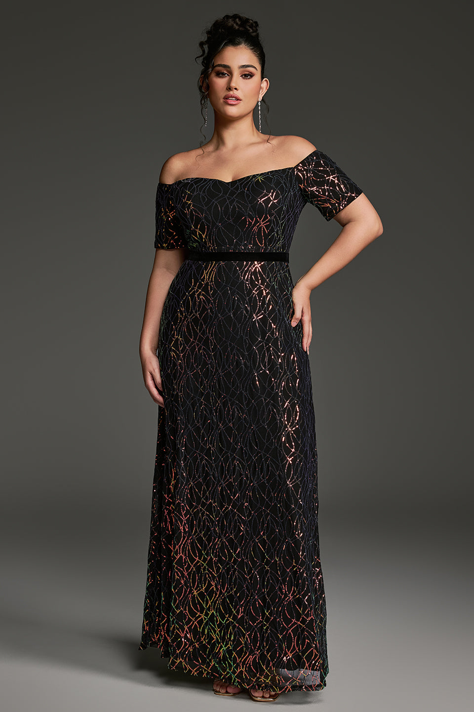 Curveins Plus Size Off-Shoulder Waist Cinched Striped Sequin Maxi Evening Dress