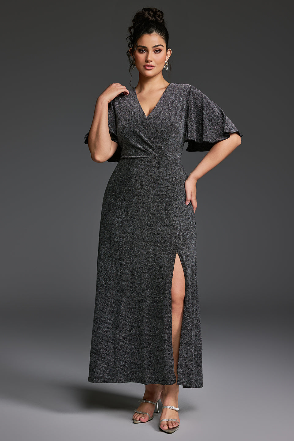 Curveins Plus Size V-Neck Ruffle Sleeve Maxi Dress