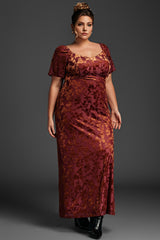 Curveins Plus Size Velvet Ruffle Sleeve Maxi Dress