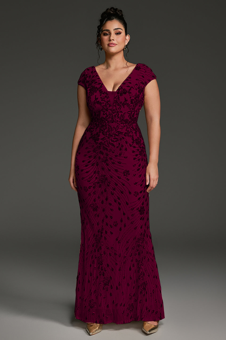 Curveins Plus Size One-Shoulder Side Slit and Waist Cinch Maxi Dress