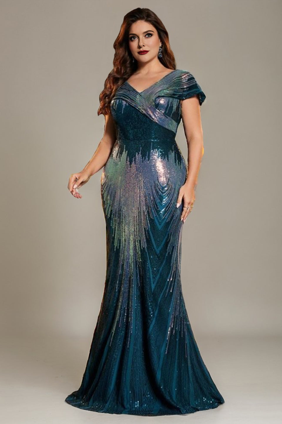 Curveins Plus Size Elegant V-Neck Cap Sleeve Sequin Bodycon Maxi Dress
