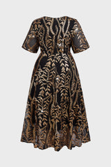 Curveins Plus Size V-Neck Lantern Sleeve Floral Print Midi Dress