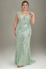 Curveins Plus Size V Neck Sequin Pattern Bodycon Mermaid Train Maxi Dress