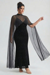 Curveins Plus Size Flattering V-Neck Cape Style Sleeveless Velvet Maxi Dress