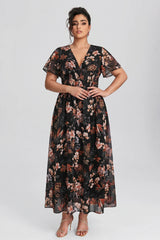 Curveins Plus Size V Neck Batwing Sleeve Floral Print Flowing Maxi Dress