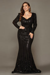 Curveins Elegant Plus Size V-Neck Floral Long Sleeve Sequin Bodycon Dress