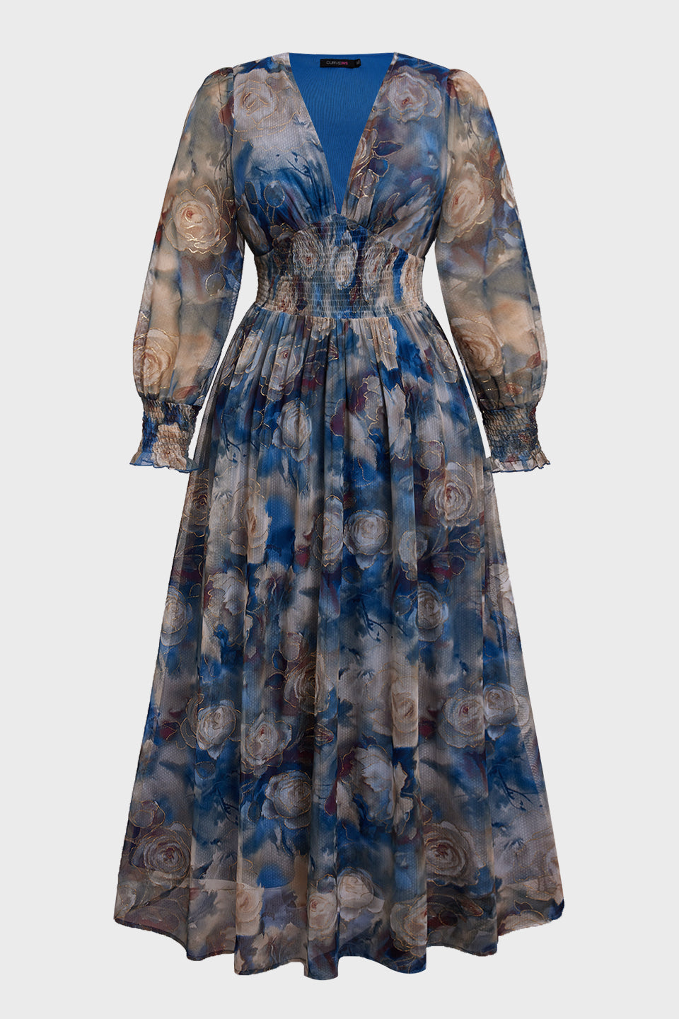 Curveins Plus Size V Neck Long Sleeve Floral Waist Maxi Dress