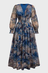 Curveins Plus Size V Neck Long Sleeve Floral Waist Maxi Dress