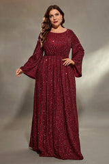 Curveins Plus Size Round Neck Long Sleeve Sequin Maxi Dress with Cinched Waist