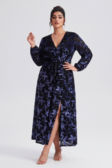 Curveins Plus Size V Neck Long Sleeve Maple Leaf Velvet Waist Tie Maxi Dress