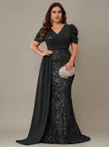 Curveins Plus Size V-Neck Sequin Patchwork Pattern Maxi Dress