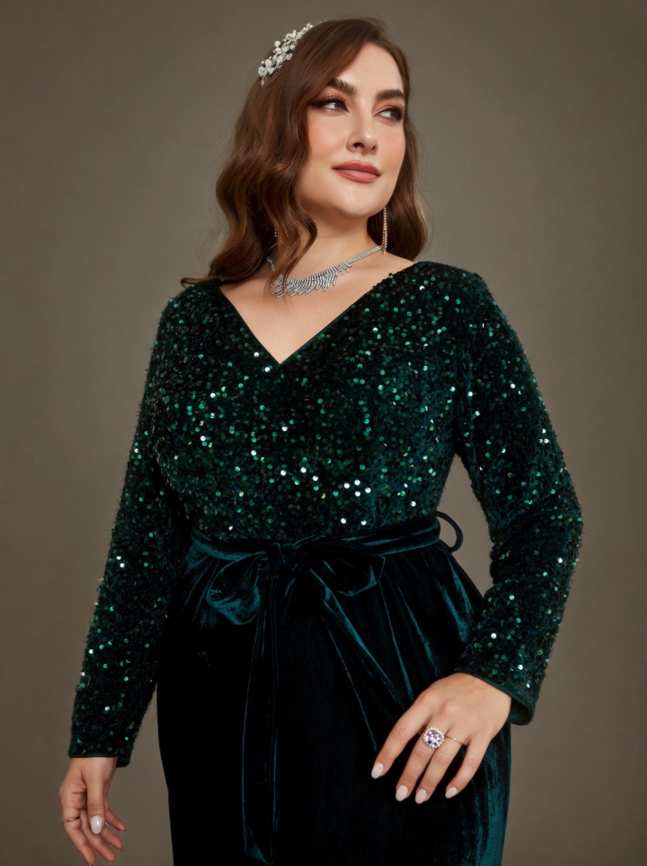 Curveins Plus Size V-Neck Sequin Velvet Patchwork Maxi Dress