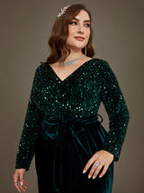 Curveins Plus Size V-Neck Sequin Velvet Patchwork Maxi Dress