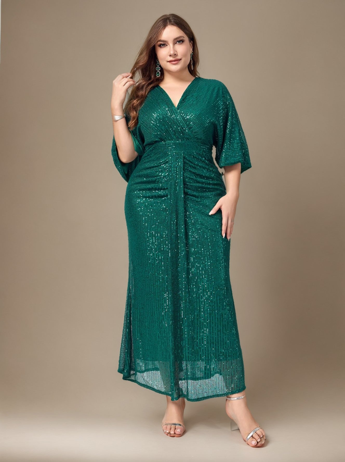 Curveins Plus Size Solid Color V-Neck High Waist Sequin Maxi Dress