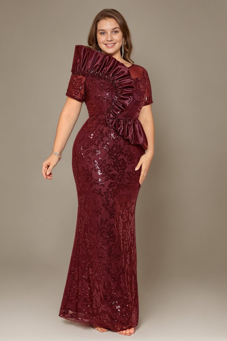 Curveins Plus Size Short Sleeve Bodycon Sequin Floral Pattern Maxi Dress