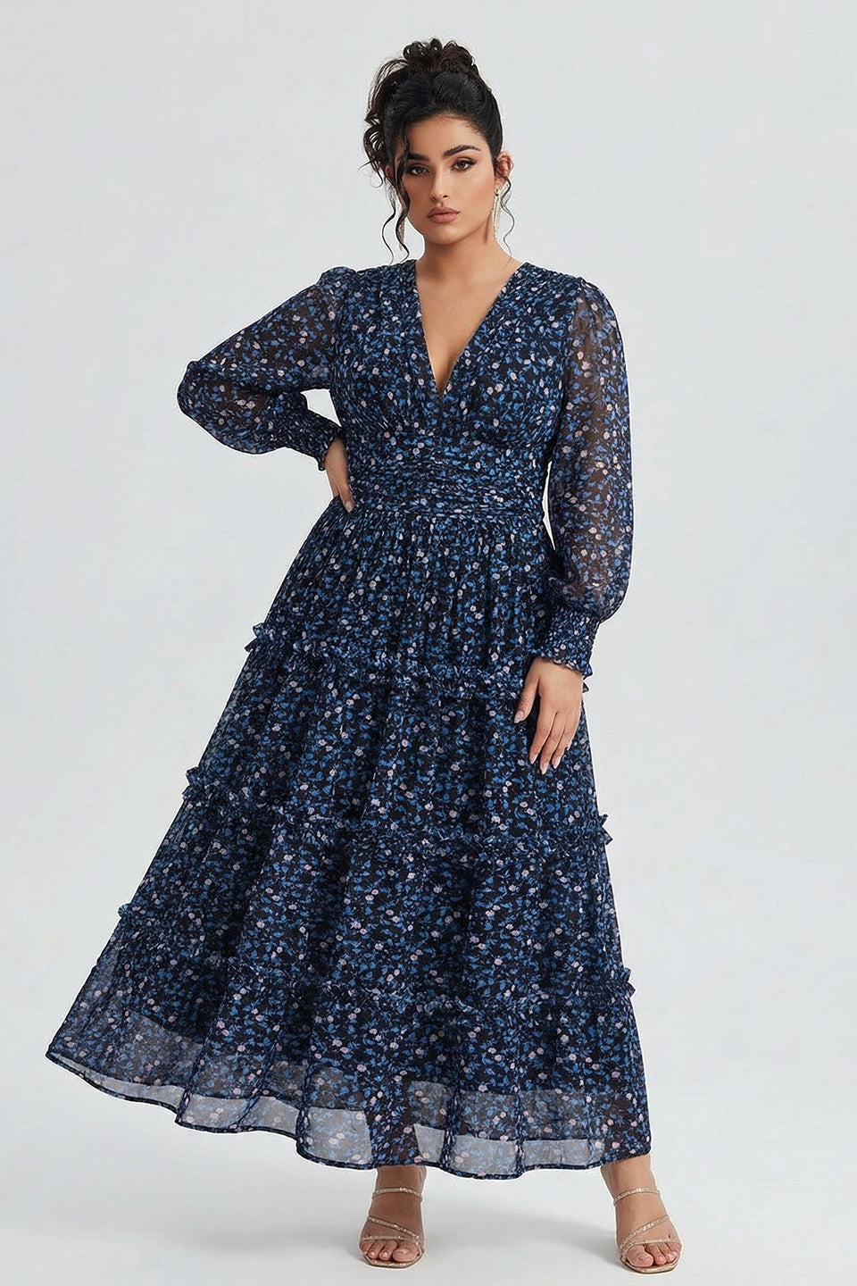 blue nature beauty long sleeve maxi dress Curveins Plus Size V Neck Floral Tiered 12/L / Brown Size:X-large follow the garment care rouged dress boohoo Women's Bandeau A-line